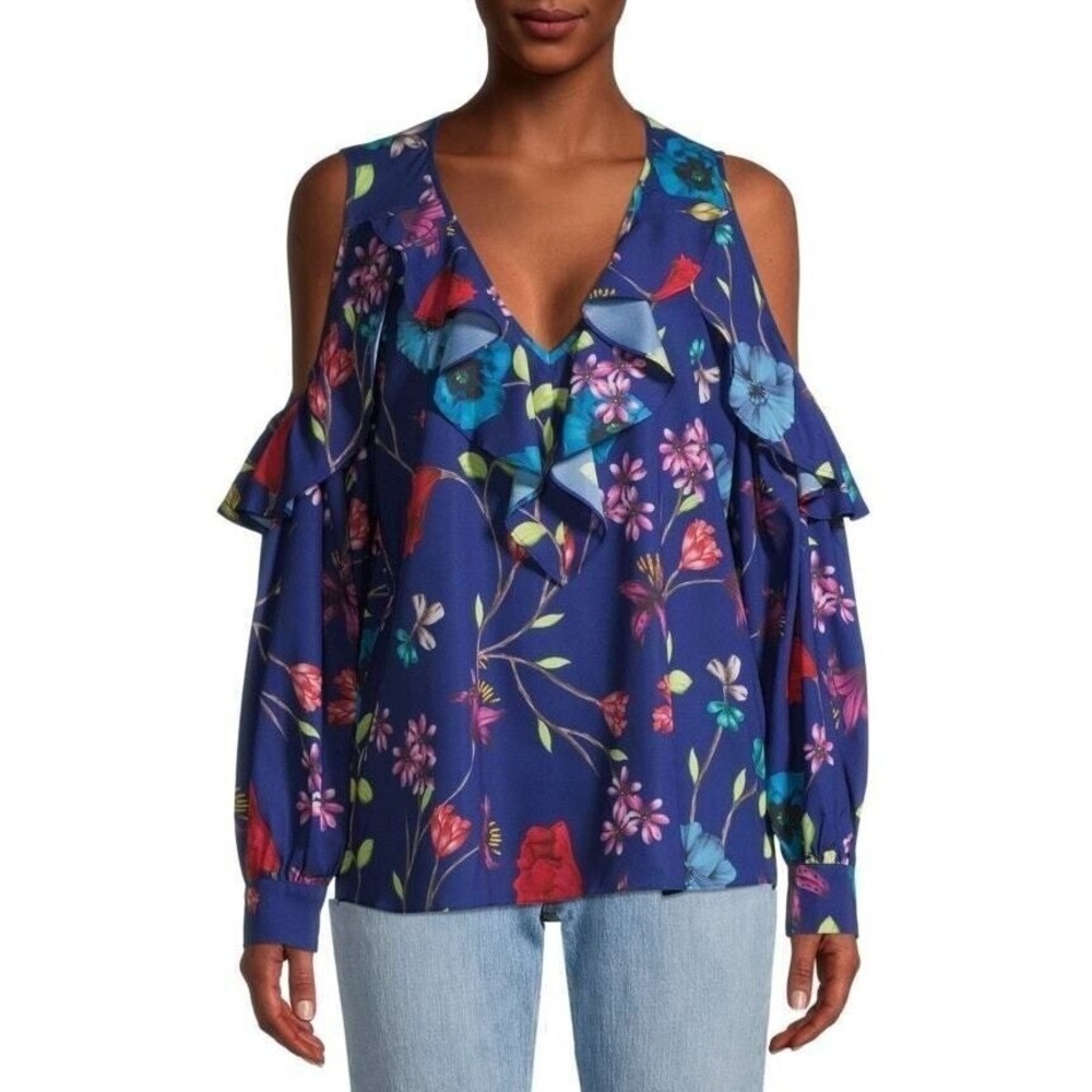 Parker Valencia Eclispe Floral Cold Shoulder Ruffle‎ Blouse Long Sleeve Top Sz S